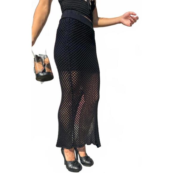 ASTR Small Black Crochet Viscose Full-Length Pencil Skirt – Boho Chic Maxi - Picture 5 of 9